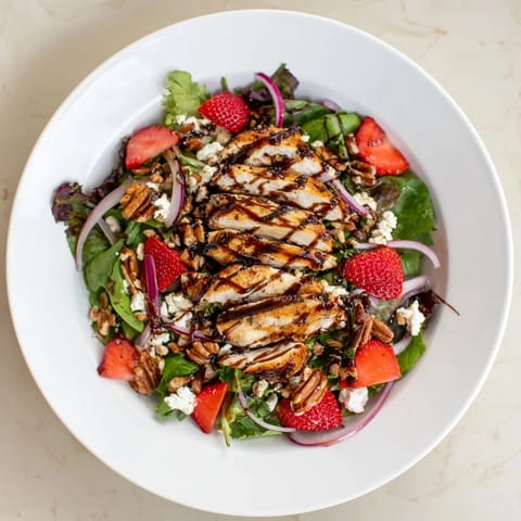 Vibrant Honey Balsamic Chicken Salad topped with tender chicken, strawberries, and creamy goat cheese, drizzled with sweet glaze.