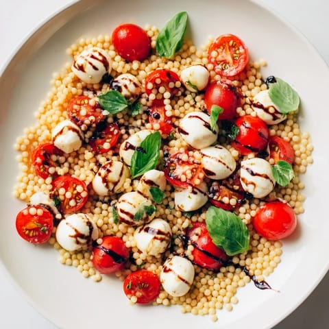 Sun-ripened cherry tomatoes and mozzarella pearls mingle in this chilled Caprese Couscous Salad.  
