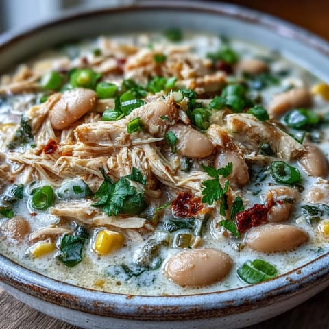A bowl of white chicken chili with shredded chicken, white beans, corn, and melted cheese.