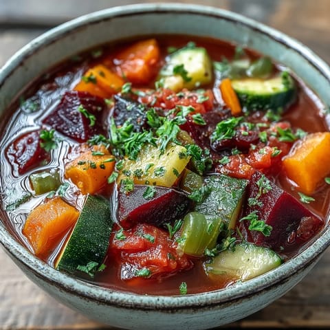 Hearty Rainbow Vegetable Detox Soup simmering in a large pot, showcasing colorful chopped vegetables in a rich, golden broth.