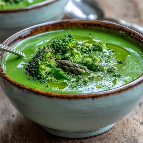 The finished Big Green Immunity-Boosting Vegetable Soup in a white bowl, garnished with a lemon slice and serving spoon.