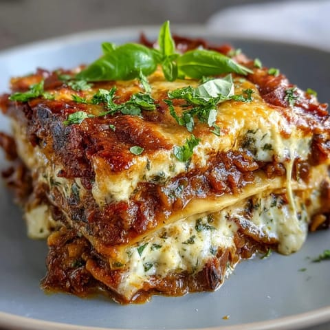 Fresh torn basil garnishes this layered One-Pan Smoky Veggie Lentil Lasagne served straight from skillet.