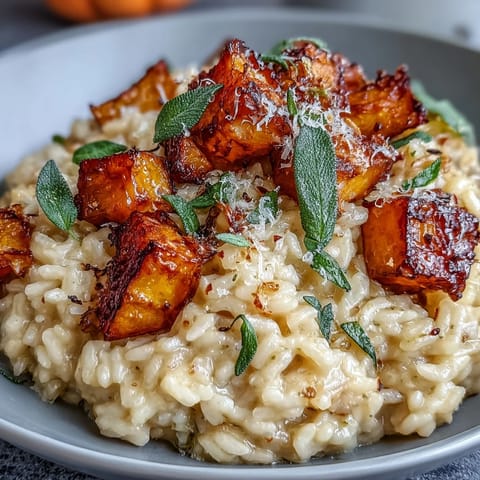 A comforting bowl of Vegan Pumpkin Risotto features tender pumpkin pieces, creamy rice, and aromatic fried sage for a perfect autumn meal.  