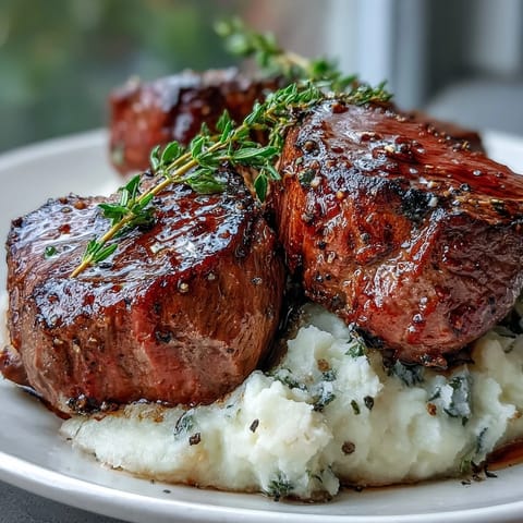 A close-up of tender, medium-rare venison steaks atop buttery crushed swede, garnished with fresh thyme and caraway seeds.