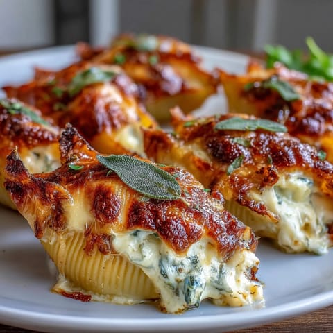 Freshly baked Pumpkin & Gouda Stuffed Shells with golden, bubbly cheese and crisped sage garnish.