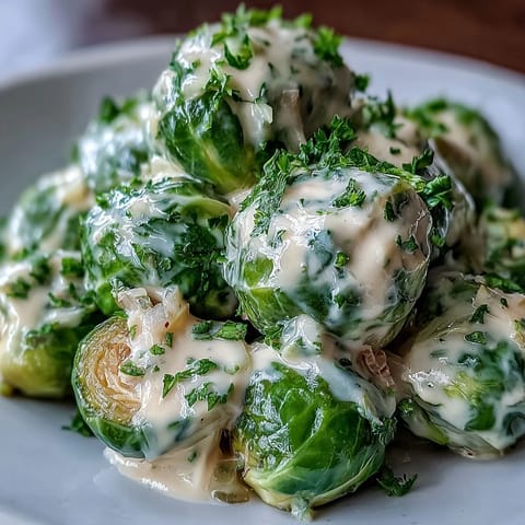 Tender Brussels sprouts tossed in a rich, velvety Dijon mustard and cream cheese sauce, perfect for a comforting vegetarian weeknight meal.
