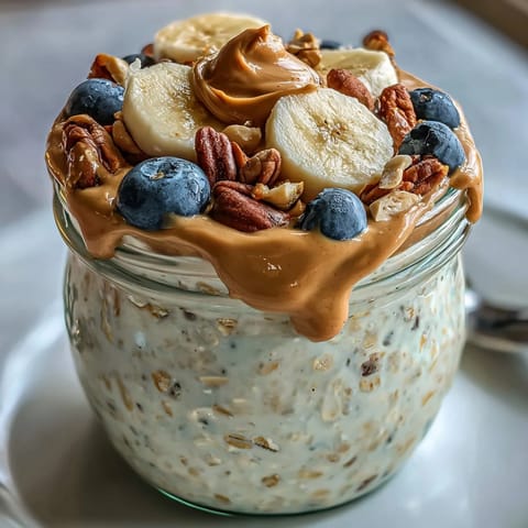 Thick High-Protein Peanut Butter Overnight Oats layered with chia seeds and fresh berries for texture.