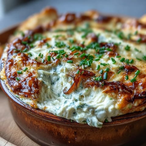Golden-brown Smoked Gouda & Onion Dip baked in a skillet, garnished with herbs and ready for a party.