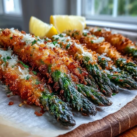 Sizzling Crispy Asparagus Asiago Spears plated with lemon wedges, parsley garnish, and creamy dipping sauce.
