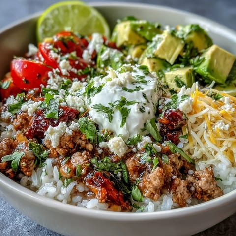 A finished Turkey Taco Bowl features seasoned ground turkey, rice, avocado, cheese, sour cream, and salsa on a white plate.