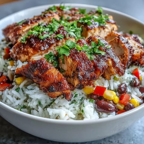 Bright bell peppers and Cajun-spiced chicken fill this hearty bowl, ready to serve with fresh cilantro and lime wedges.