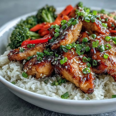Steaming Honey Garlic Chicken Bowl topped with sesame seeds and fresh green onions.