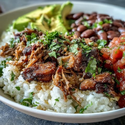 Golden-brown shredded carnitas pile high over fluffy white rice in this hearty bowl, topped with pinto beans and vibrant fresh salsa.