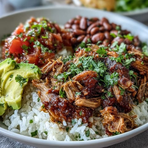A close-up of a homemade Carnitas Bowl featuring slow-cooked pork, cilantro, and creamy avocado slices for a delicious finish.