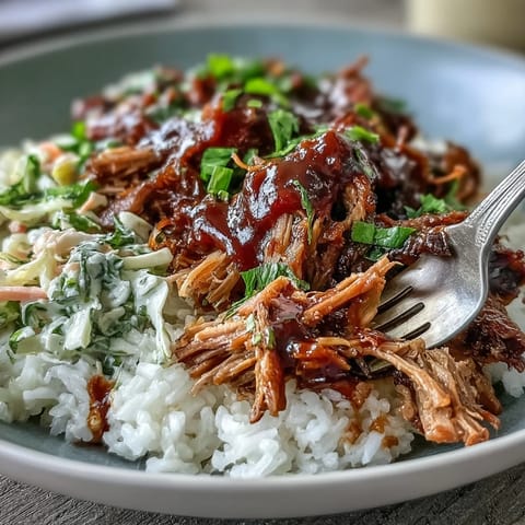 Slow-cooked Pulled Pork Bowl with shredded meat, crisp cabbage, and fresh cilantro garnish on a wooden table.