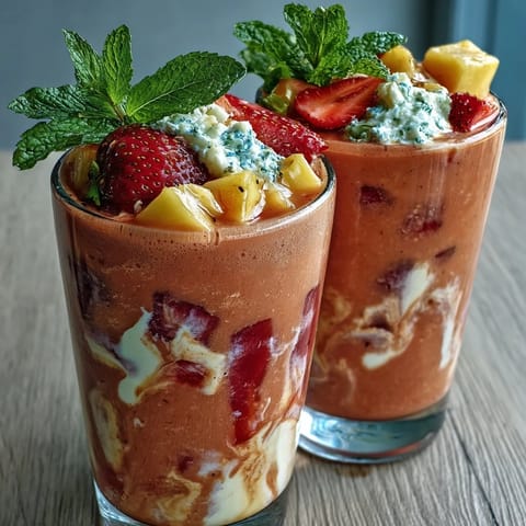 Two frosty glasses of Guava Juice Smoothie sitting on a wooden table next to sliced strawberries and honey.