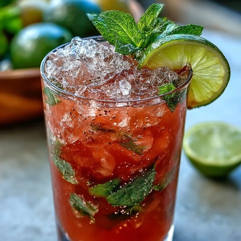 A chilled glass of Guava Mojito filled with crushed ice, fresh mint leaves, and a lime wheel garnish.  
