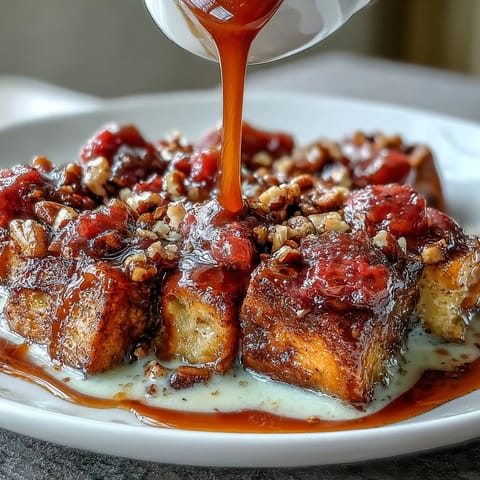 Golden slices of Guava Caramel Bread Pudding With Pecans sit on a white plate, glistening with syrup.