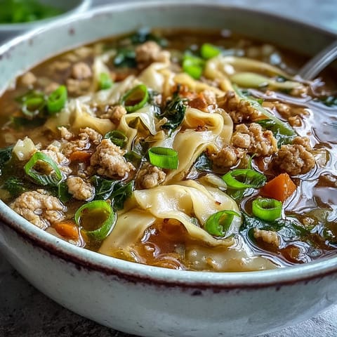 Close-up of Cozy One-Pot Egg Roll Soup with Green Onions and Ginger topped with green onions.