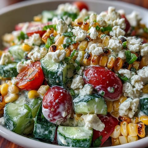 Fresh corn, diced cucumber, and cherry tomatoes tossed in a creamy zesty lime dressing.