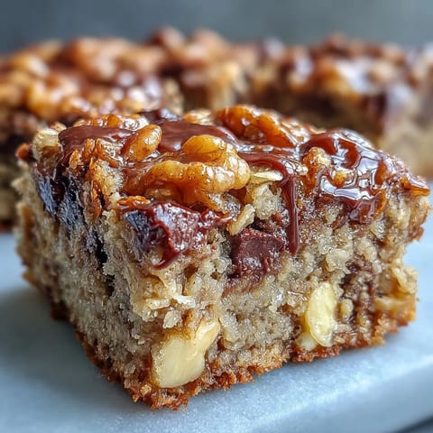 Soft, chewy baked oatmeal bars with banana and maple syrup on a plate.