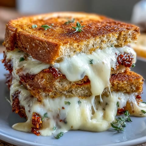 Sun-Dried Tomato Pesto Grilled Cheese cut diagonally, served beside a steaming bowl of tomato soup.