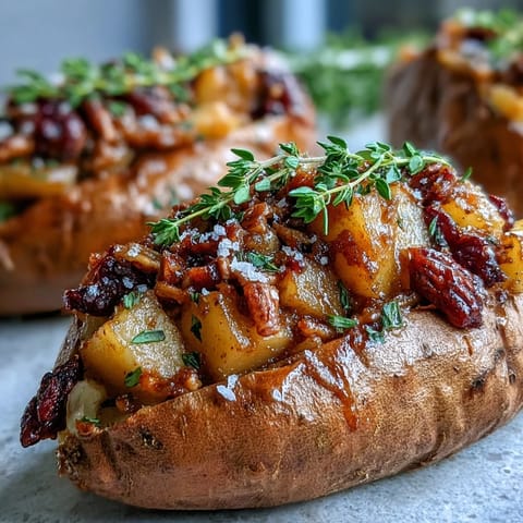 Warm Cranberry Apple Twice Baked Sweet Potatoes topped with fresh thyme and flaky sea salt on a rustic wooden table.