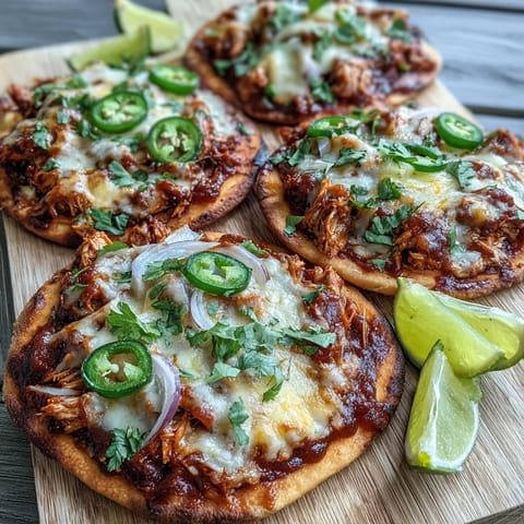 Golden-brown Garlic Naan Chicken Enchilada Pizzas topped with melted cheddar, sliced jalapeños, and fresh cilantro on a rustic plate.