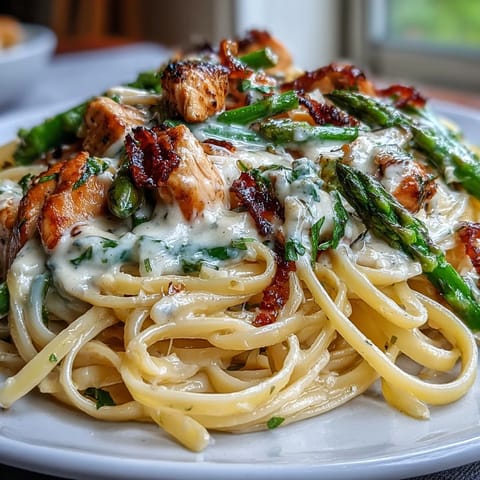 Sizzling skillet of Creamy Asiago Chicken & Asparagus Pasta with grated Parmesan, ready to serve alongside a glass of crisp white wine.