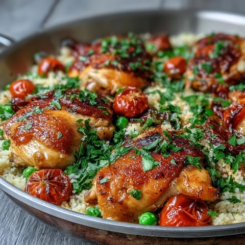 Lemon zest, fresh parsley, and a drizzle of olive oil garnish this easy One-Pan Garlic Butter Chicken Couscous.