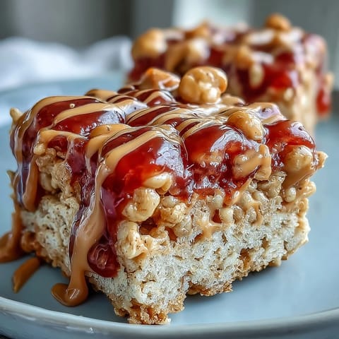 Frosted High-Protein PB&J Rice Krispie Bars show a jelly swirl and peanut butter drizzle on a clean white plate.