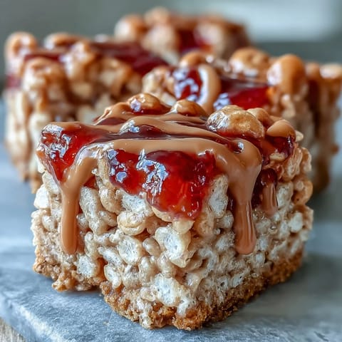 Chilled High-Protein PB&J Rice Krispie Bars cut into squares, showing a creamy peanut butter drizzle and vibrant berry jelly swirl on top.