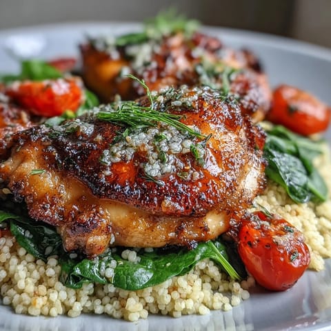 A one-pan garlic butter chicken couscous meal garnished with fresh parsley and served with bright lemon wedges.