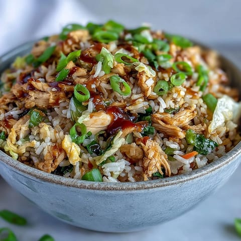 A close-up of Egg Roll Fried Rice with Chicken, featuring fluffy rice, tender chicken pieces, and vibrant cabbage and carrots.