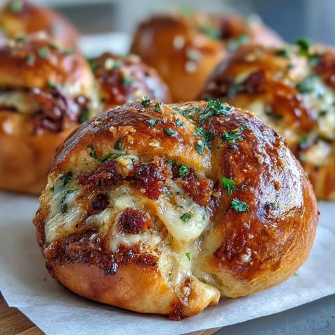 Twisted golden knots of Pizza Roll Stuffed Garlic Knots paired with a small bowl of warm marinara for dipping.