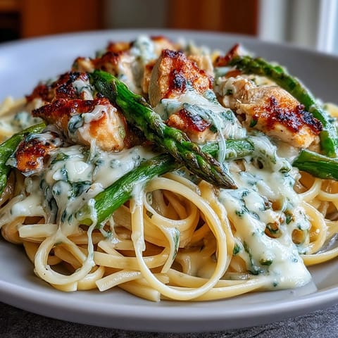 Creamy Asiago Chicken & Asparagus Pasta is plated with roasted green spears and grated Asiago.