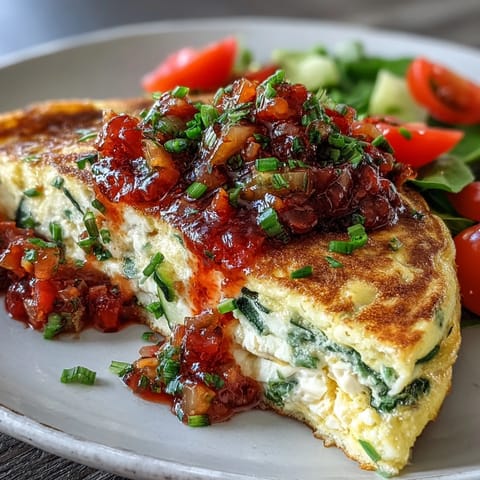 A close-up of a fluffy Light Veggie Egg White Omelette, folded over vibrant red bell peppers, spinach, and zucchini, topped with fresh pico de gallo salsa.