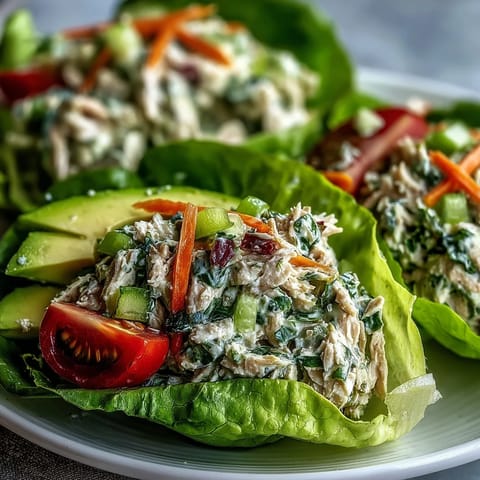 Freshly made High-Protein Tuna Salad Lettuce Cups garnished with parsley and lemon, served as a light low-carb lunch. 