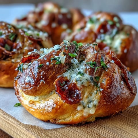 Golden-brown Pizza Roll Stuffed Garlic Knots fresh from the oven, brushed with garlic butter and parsley.