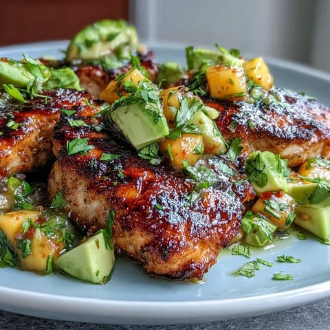 Grilled chicken with mango avocado salsa served on a white plate, featuring juicy chicken topped with vibrant tropical salsa and fresh cilantro.