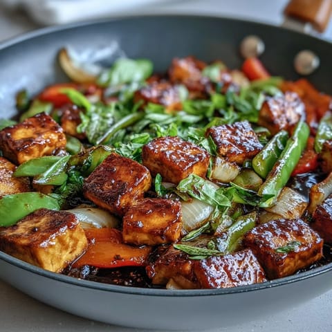 Golden tofu cubes and vibrant veggies sizzle in a spicy-sweet Thai basil sauce, served over jasmine rice.  