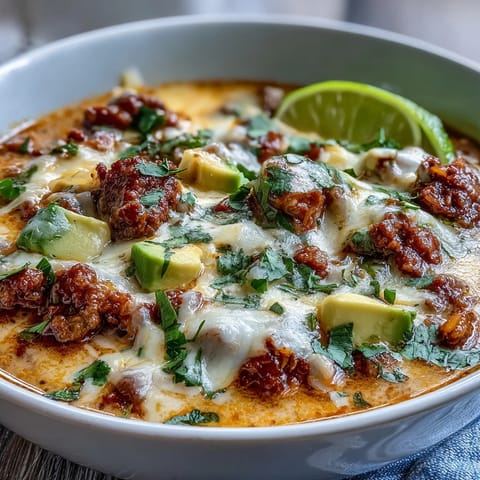 Rich and creamy keto taco soup loaded with seasoned ground beef, cheddar, and topped with diced avocado.  