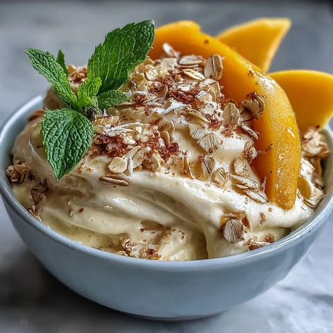 Tropical mango and coconut cream frozen dessert garnished with golden toasted oats and fresh mint.  