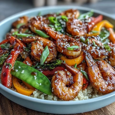 A vibrant shrimp and vegetable stir-fry served over fluffy cauliflower rice, bursting with color and fresh flavors.