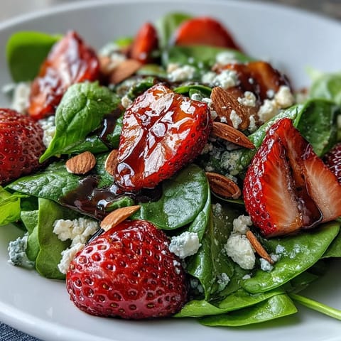 Fresh Strawberry Spinach Salad with Feta and Toasted Almonds, bursting with sweet berries, creamy cheese, and crunchy nuts.