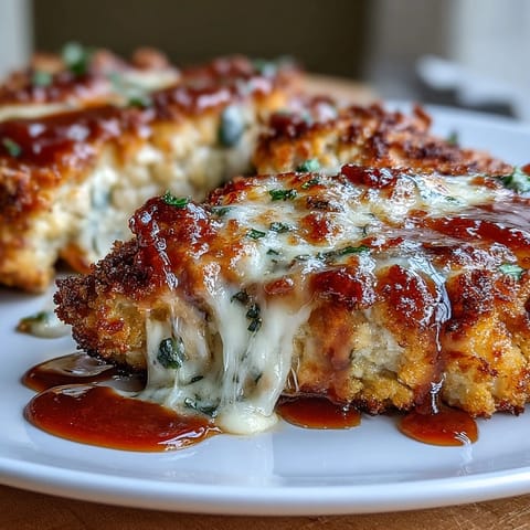 Golden almond-crusted chicken breasts topped with melted cheese and sauce, paired with tender spiralized zucchini for a healthy dinner.  