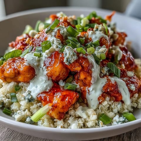 Spicy buffalo chicken and cauliflower rice bowls topped with crisp veggies and tangy ranch drizzle for a satisfying keto meal.