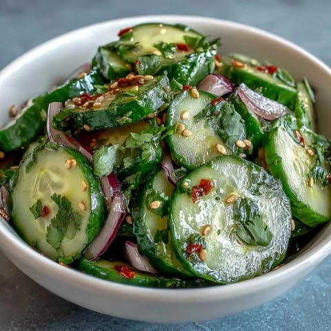 A vibrant bowl of chilli-lime cucumber salad with fresh cilantro and red onion, tossed in a zesty lime-chili dressing for a refreshing summer side dish.