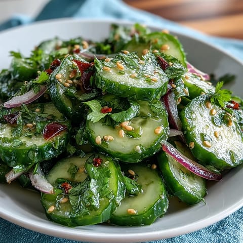 Crisp cucumber slices and red onion drizzled with a spicy lime-chili dressing, garnished with fresh cilantro and sesame seeds for added crunch and flavor.