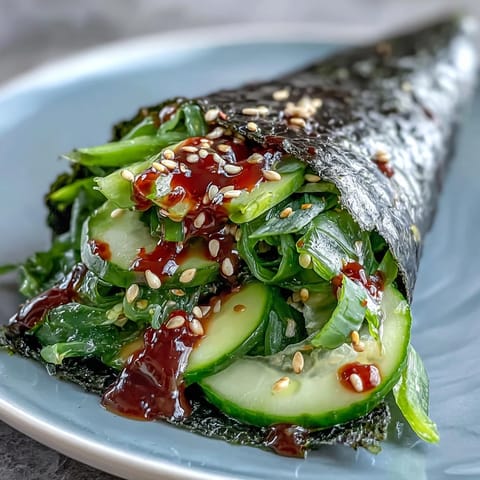 Hand-rolled sushi cones filled with zesty seaweed salad, crisp cucumber, and spicy mayo drizzle for a refreshing, vegetarian Japanese appetizer.